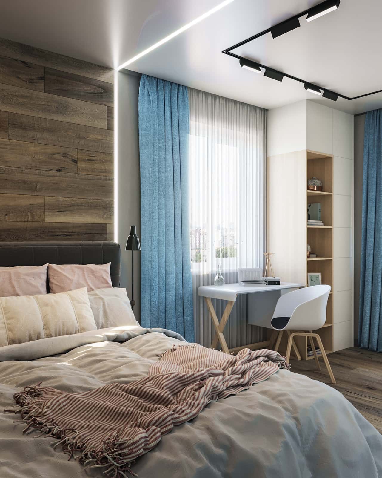 Blue bedroom and workspace visualization