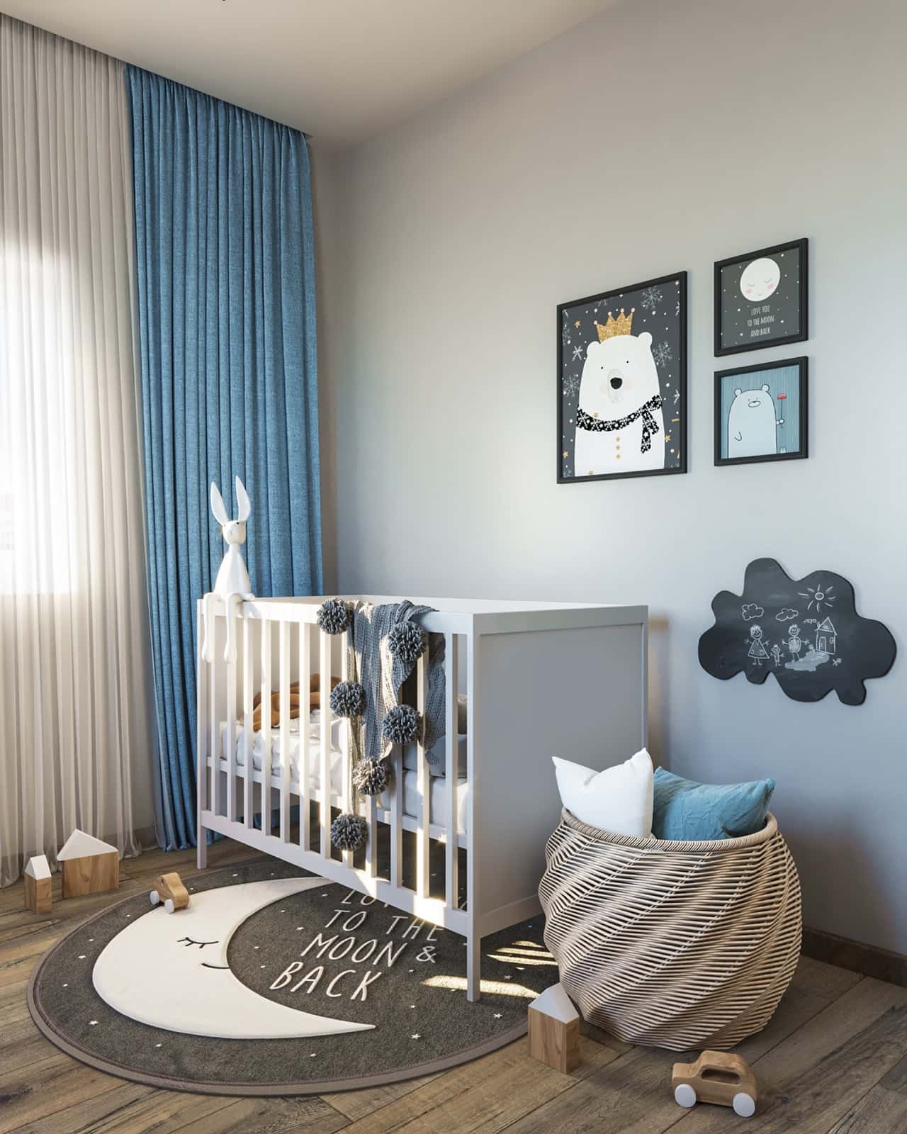 Blue nursery with moon rug