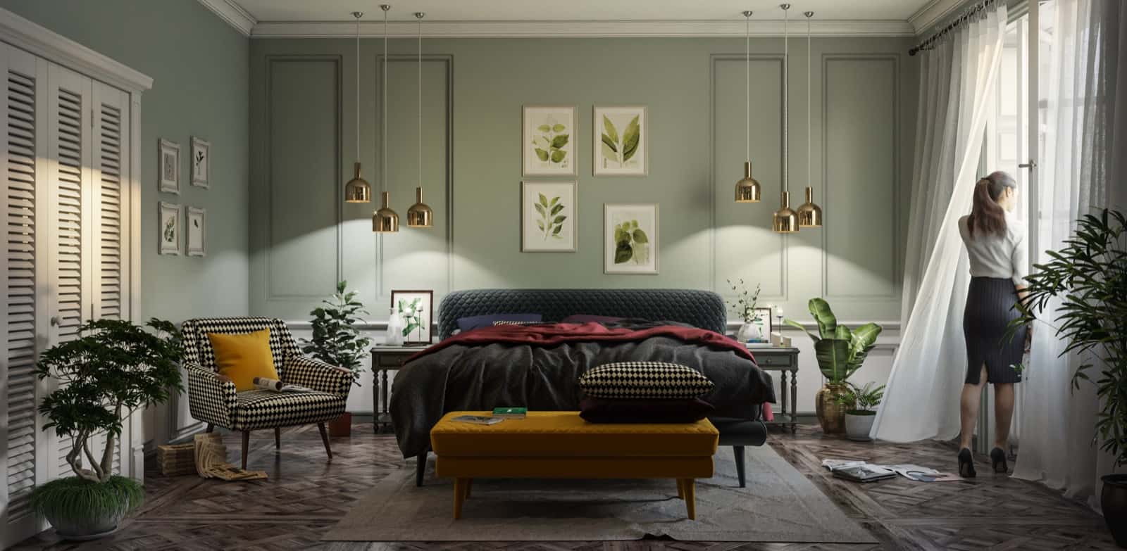 Wide view of a botanical green bedroom