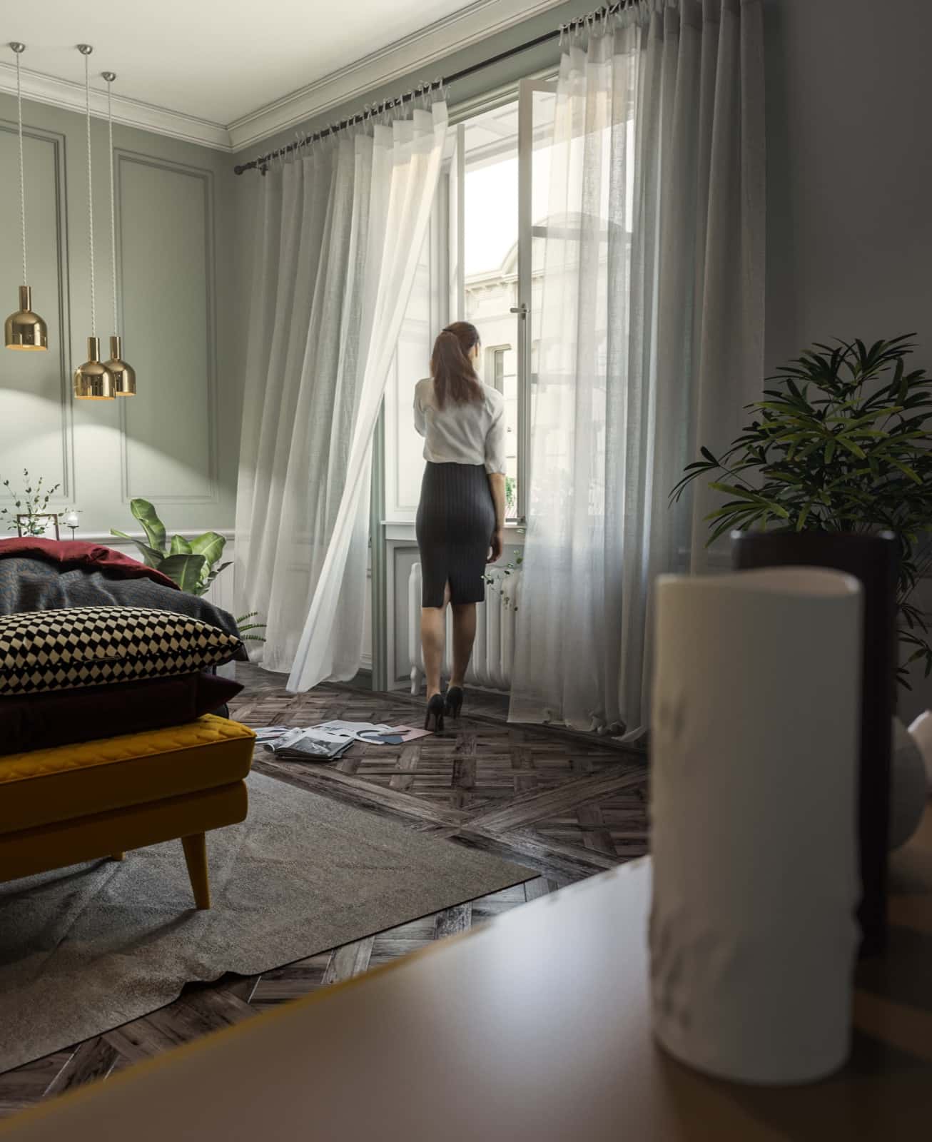 Portrait view toward the bedroom window and figure