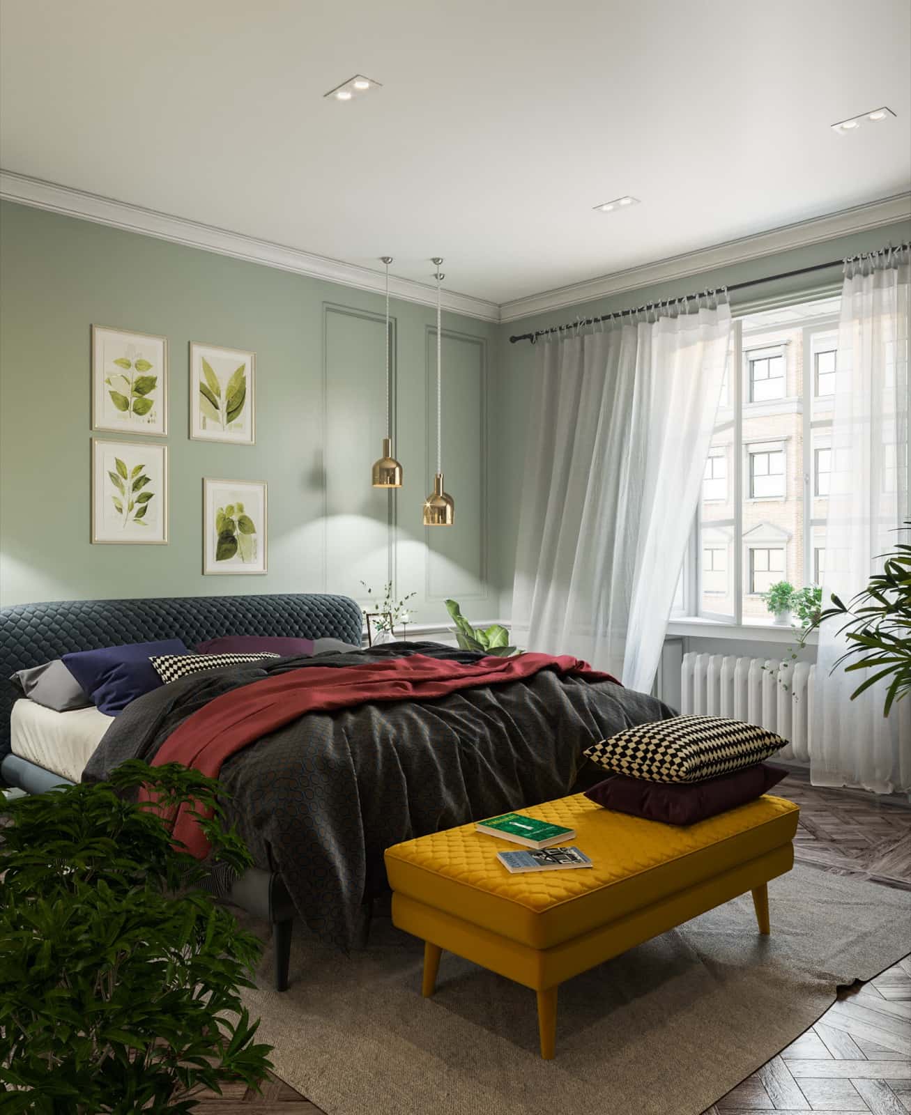 Angled view across the green botanical bedroom