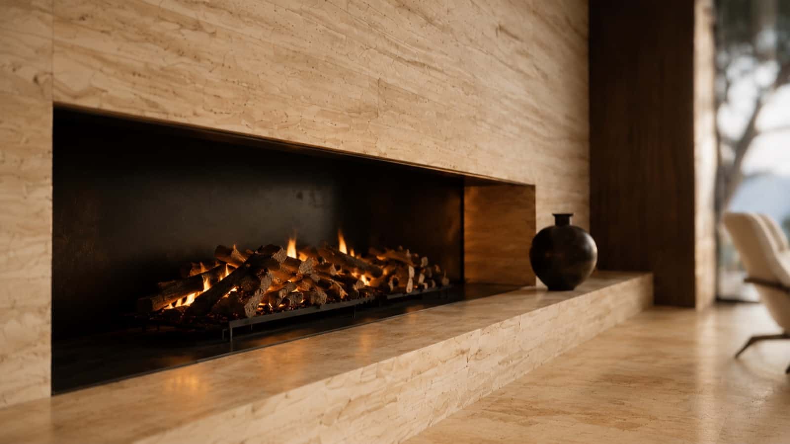 Fire burning in a stone fireplace