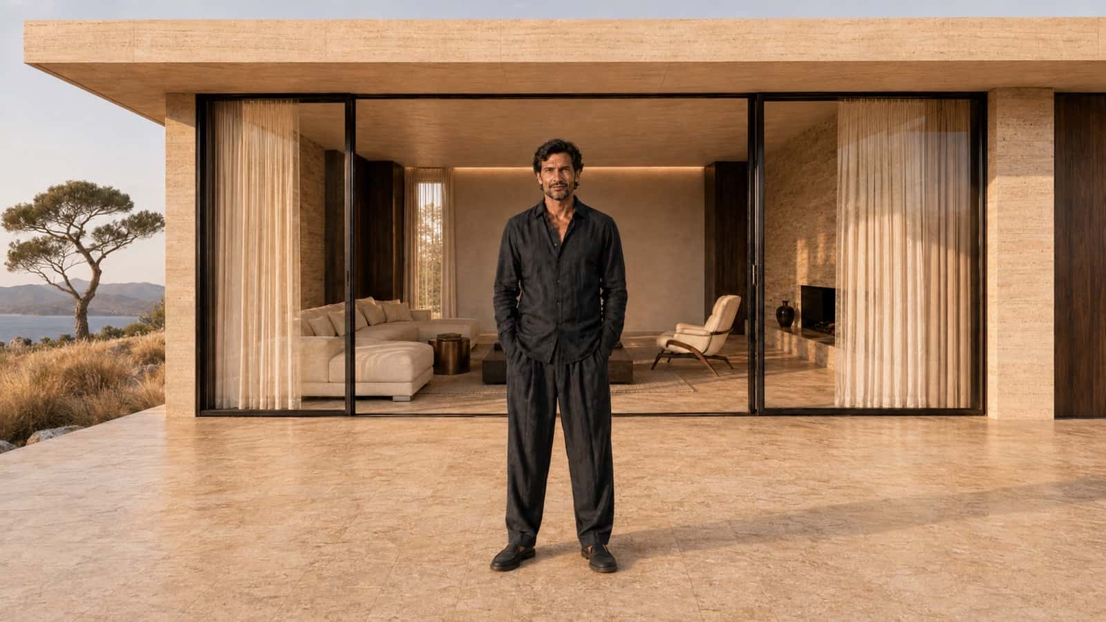 A man standing at the threshold of a modern stone house