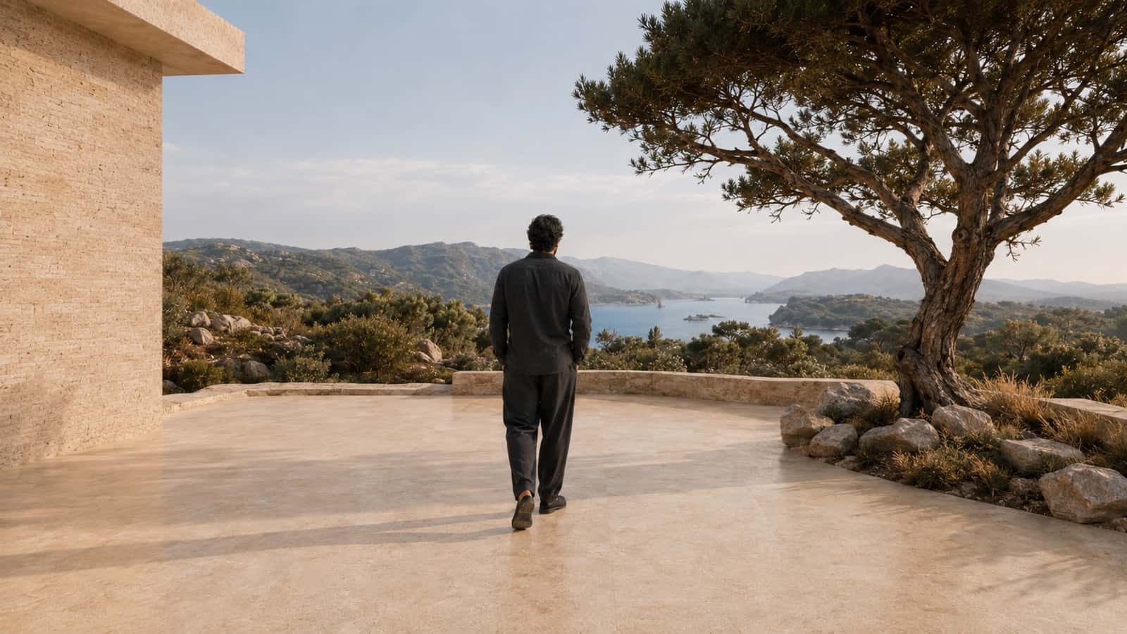 Rear view of a man moving toward the coastal landscape