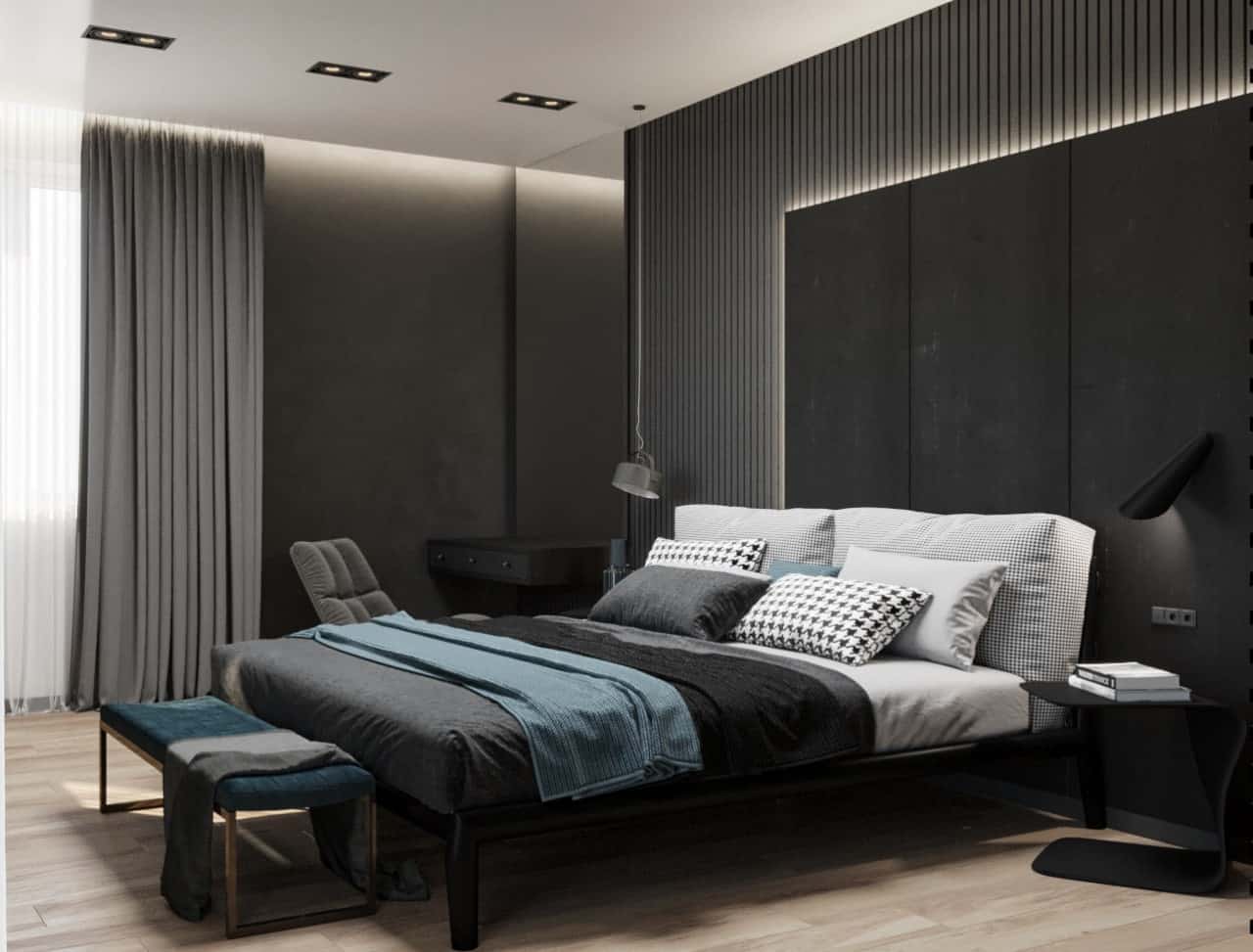 Wide dark bedroom view