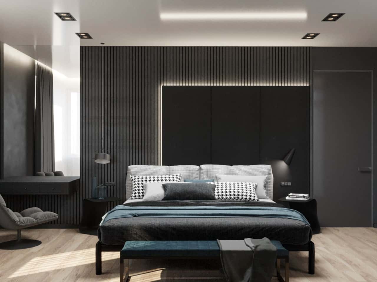 Dark bedroom front view
