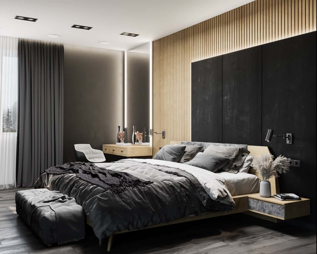 Dark contemporary bedroom visualization