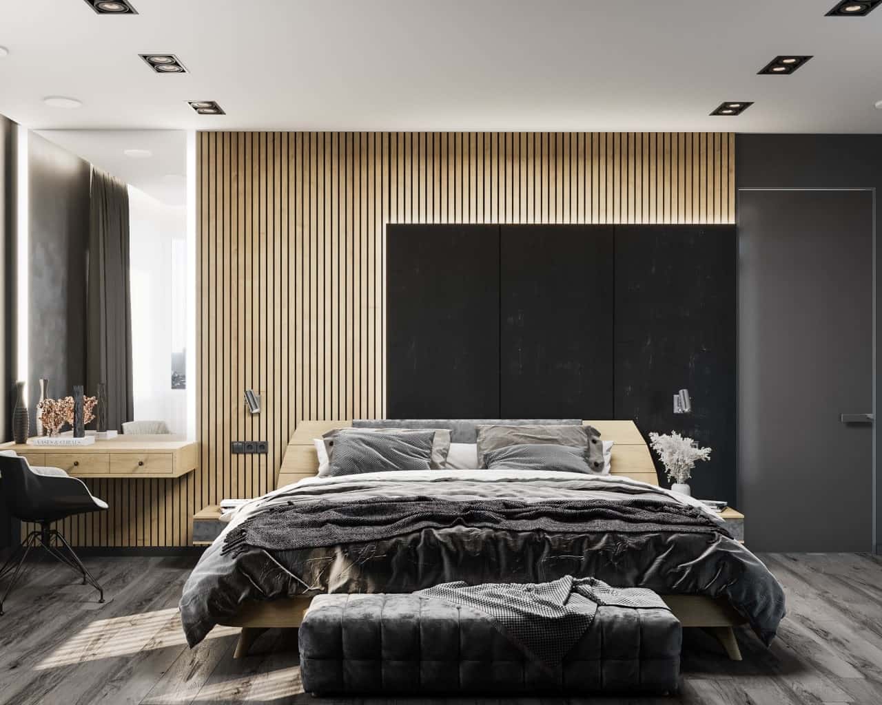 Bedroom view with pale timber wall
