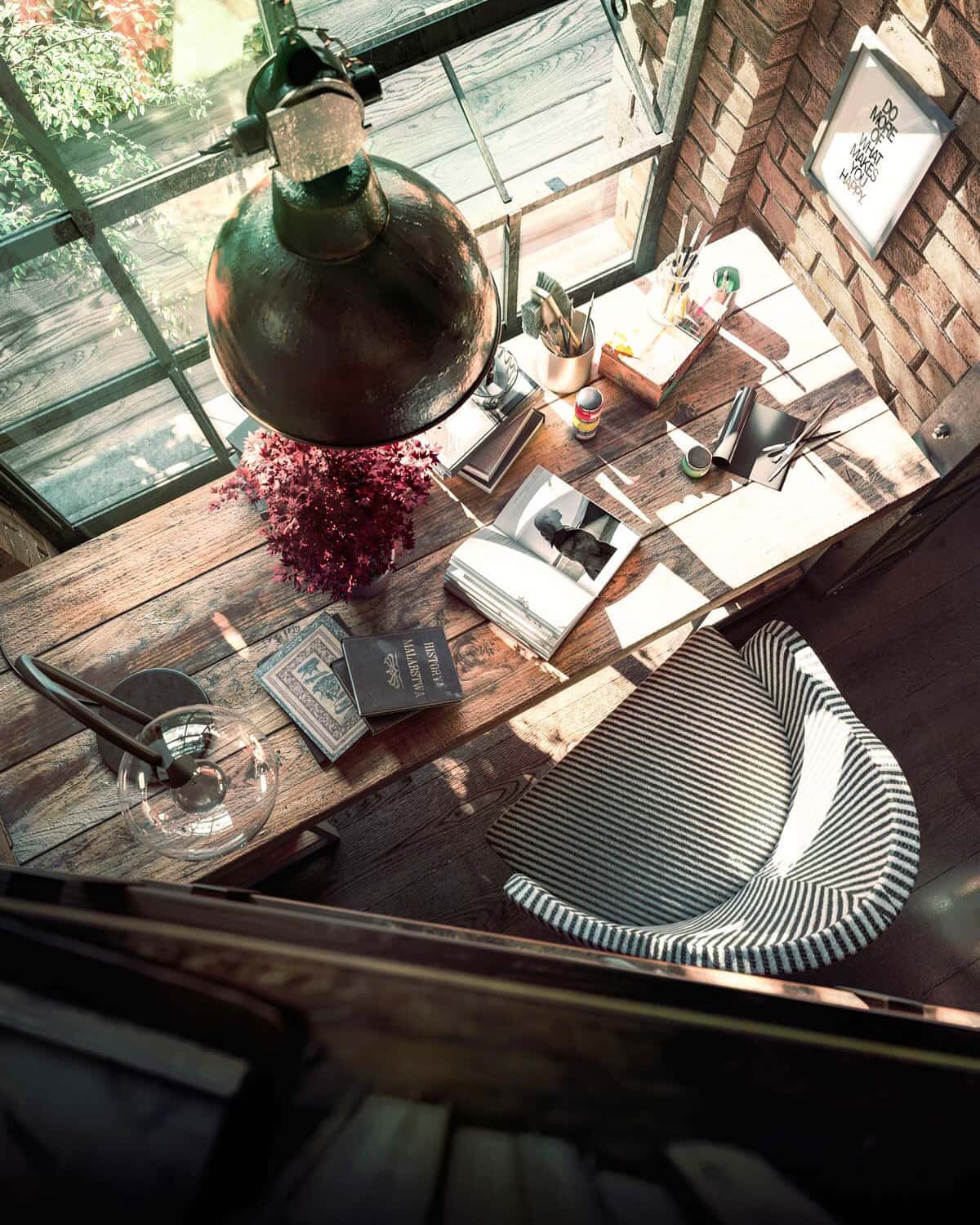Overhead view of a desk and chair in the loft