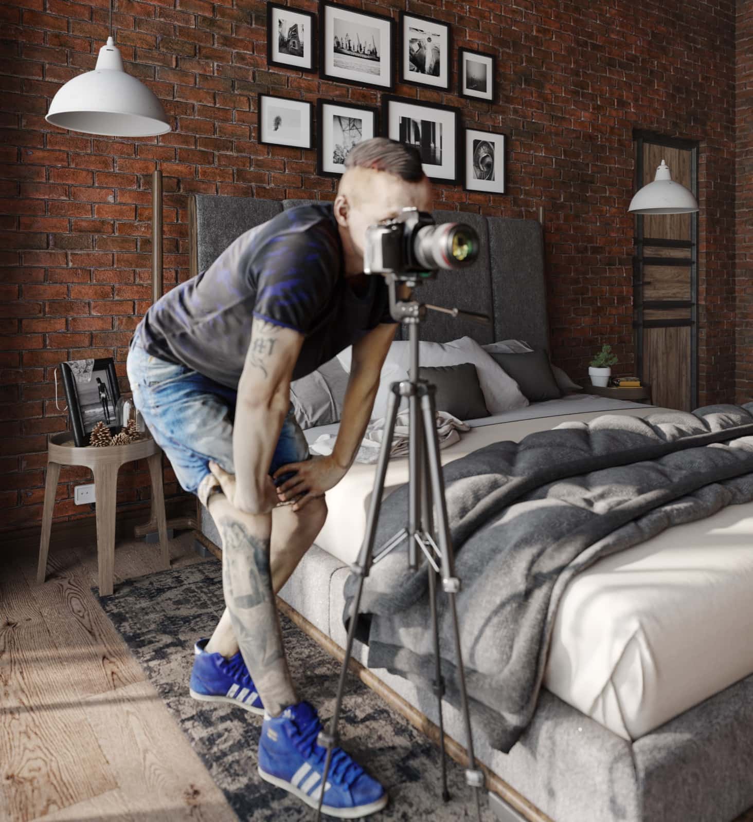 Photographer working beside the loft bed