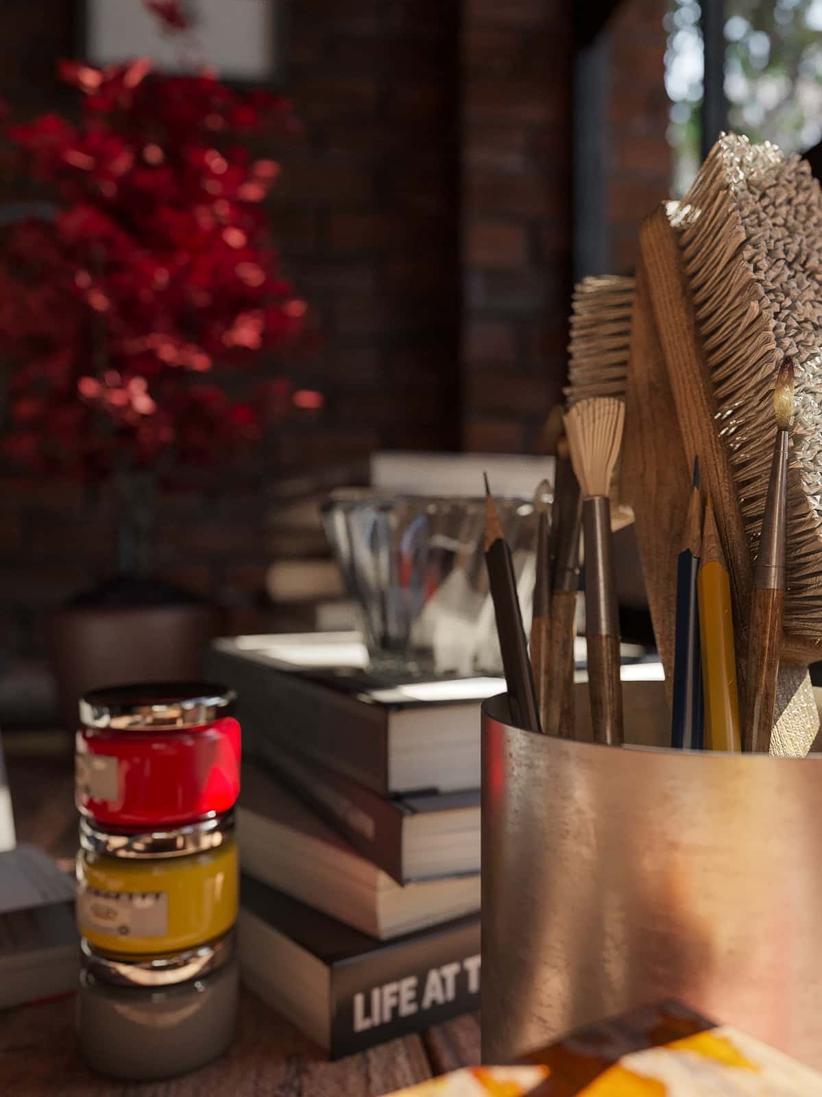 Close still-life view of objects on the loft desk