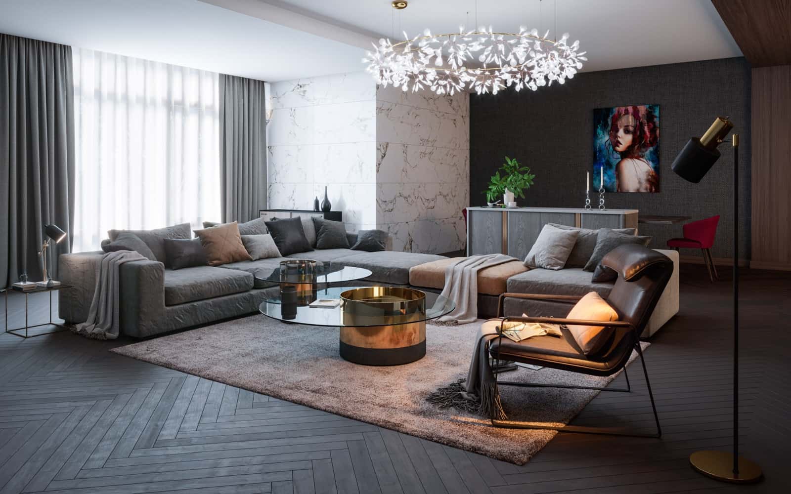 Wide angle of the modern living room from the side