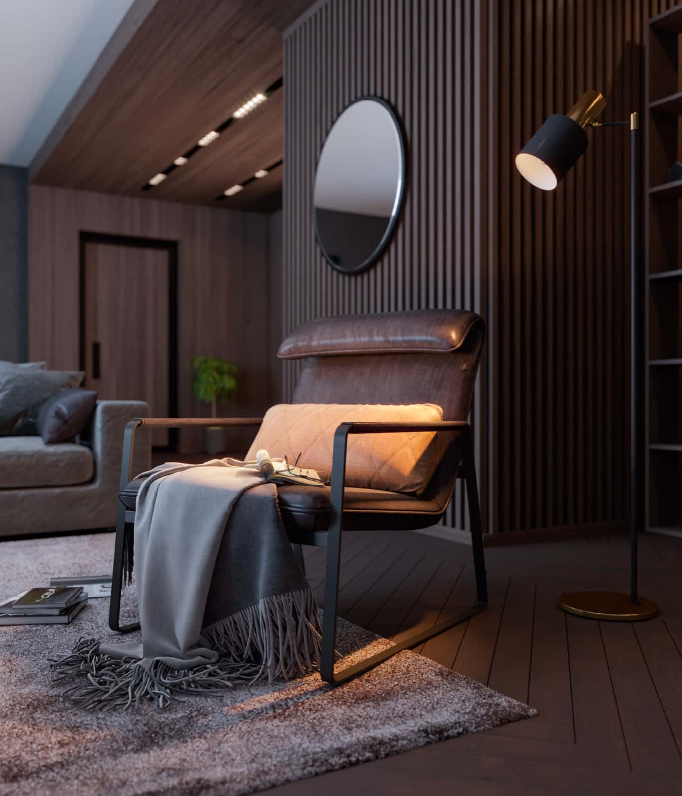 Leather chair and dark timber wall detail