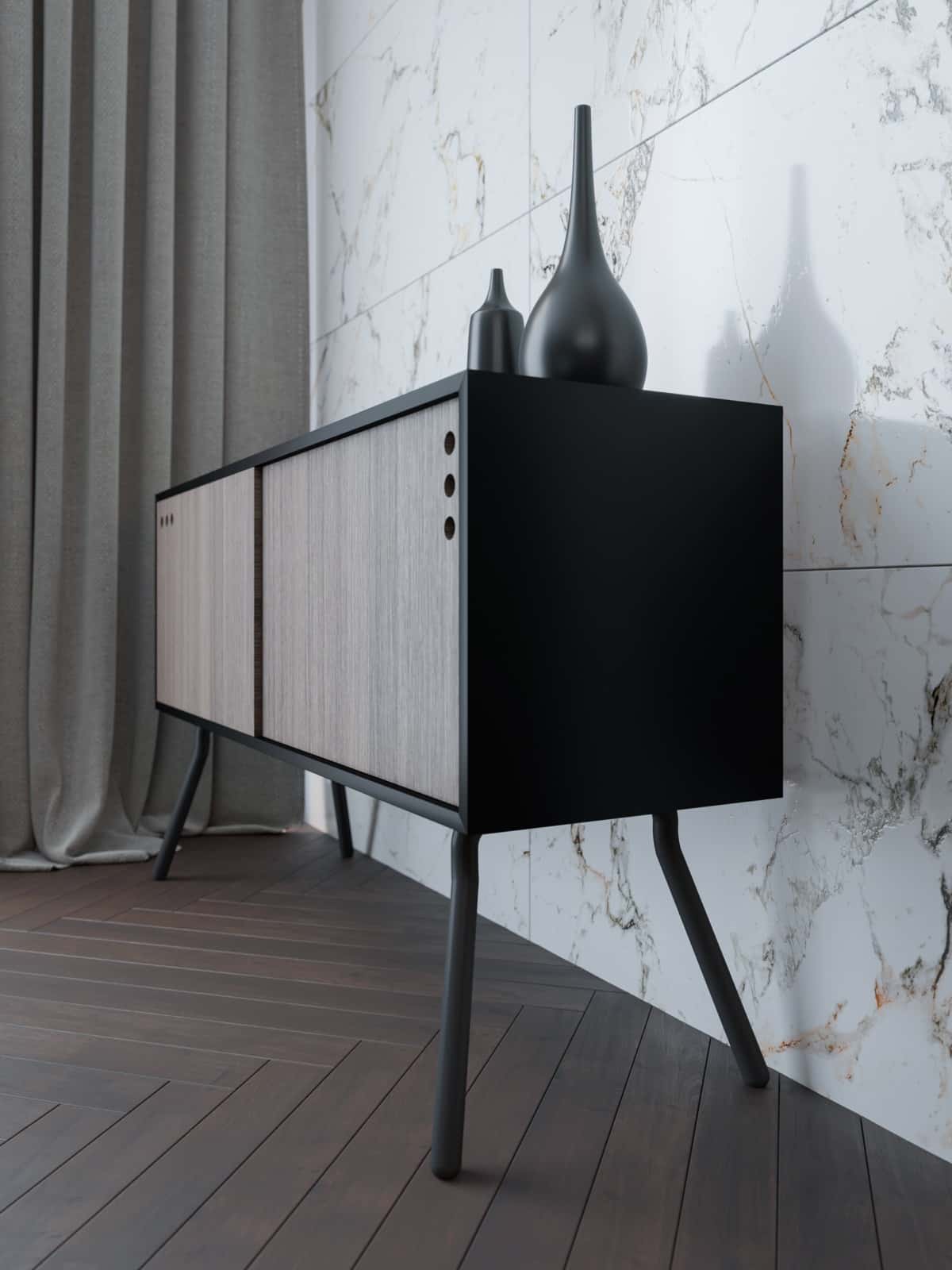 Minimal cabinet against a marble wall