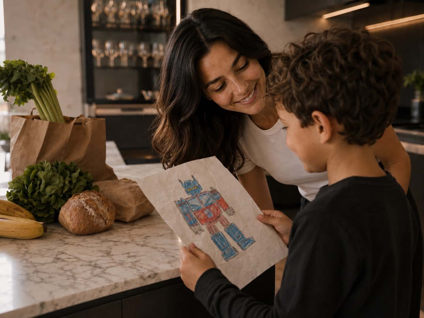 A mother and child looking at a drawing together