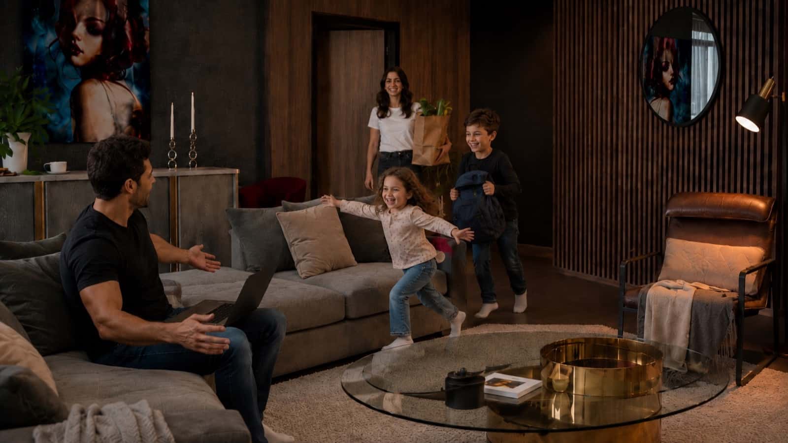 Children running toward their parents in the living room