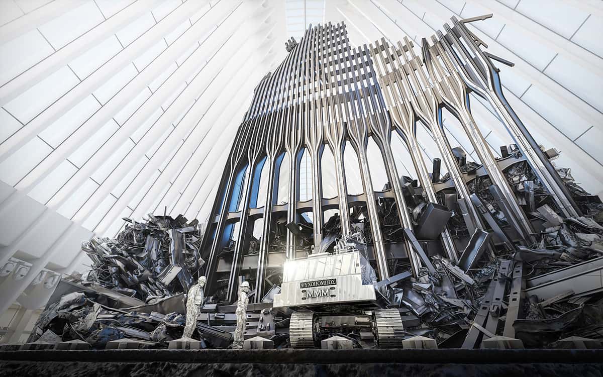 Steel Standing Memorial inside a bright civic interior
