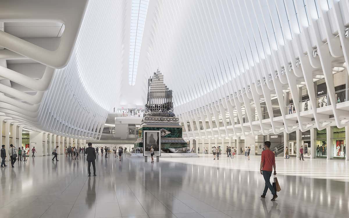 Memorial seen within the bright ribbed interior